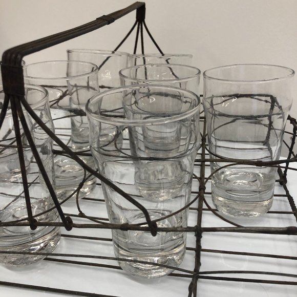 Antique French Fil de Fer Handle Basket/8 Glasses - Picture 5 of 8